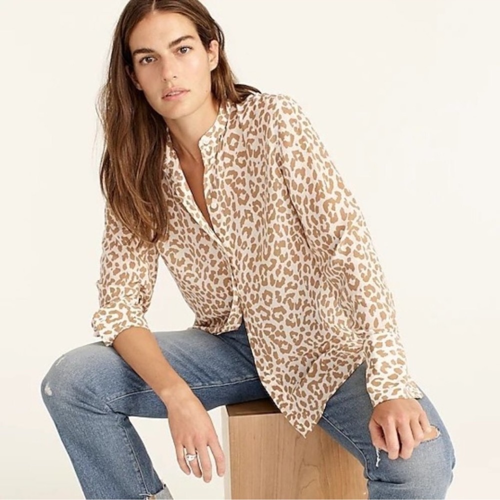 J.CREW Classic-Fit Silk Shirt Reimagined Top Leopard Collarless Button Up Size 4